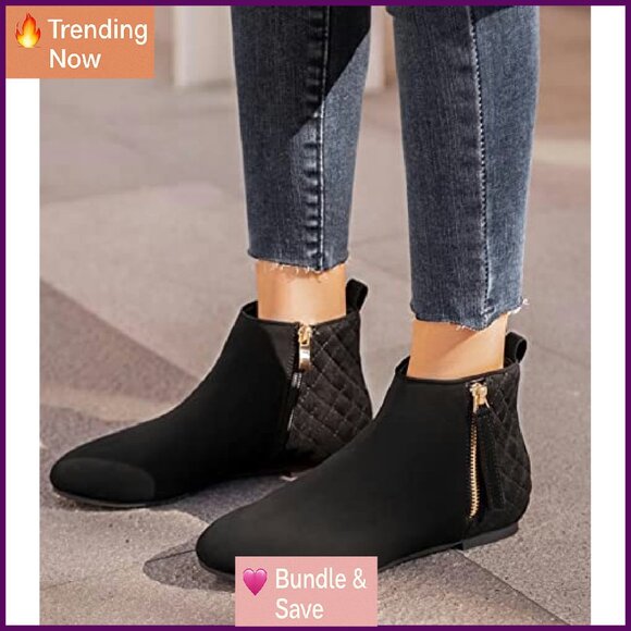 Women's Ankle Boots Flat Low Heel Zipper Chelsea Booties Winter Fall Fashion - Picture 5 of 8